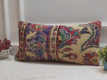 Handmade Kilim Pillow Cover: Upcycled Organic Wool Rug Pillow (12x24 inc)