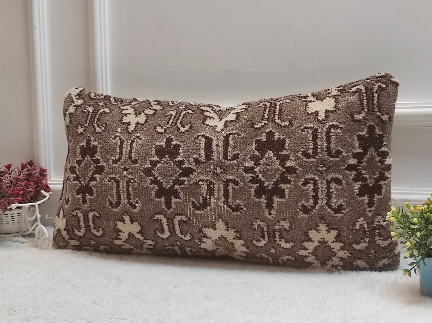 Handmade Kilim Lumbar Pillow: Upcycled Woven Rug, Beige Tribal Pillow 12x24