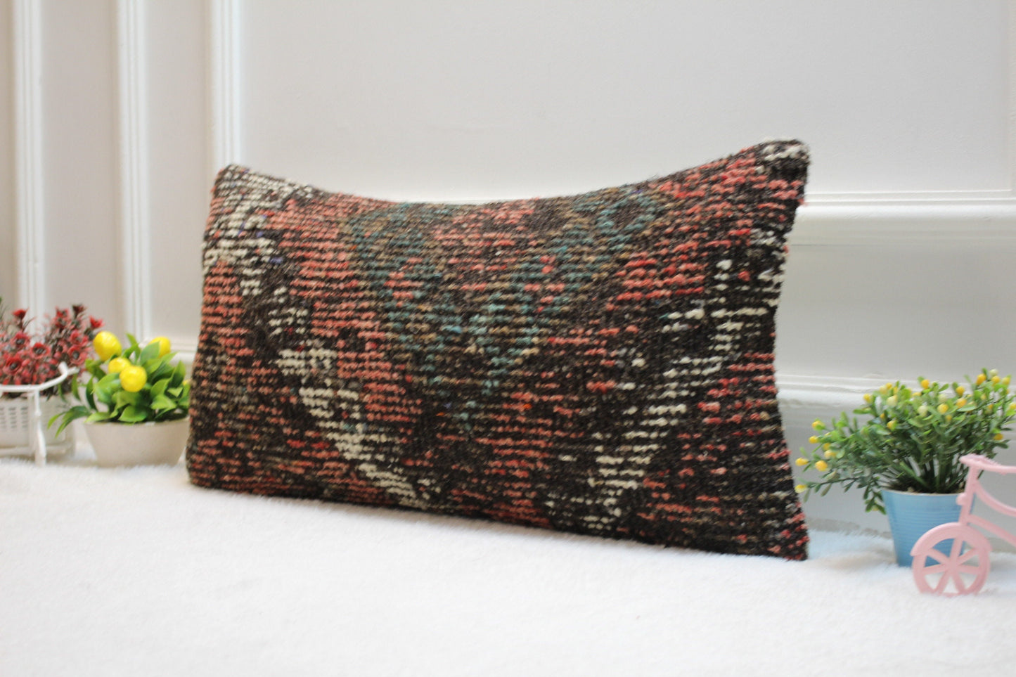 Handmade Turkish Kilim Pillow: Vintage Boho Lumbar Cover (12x24 in)
