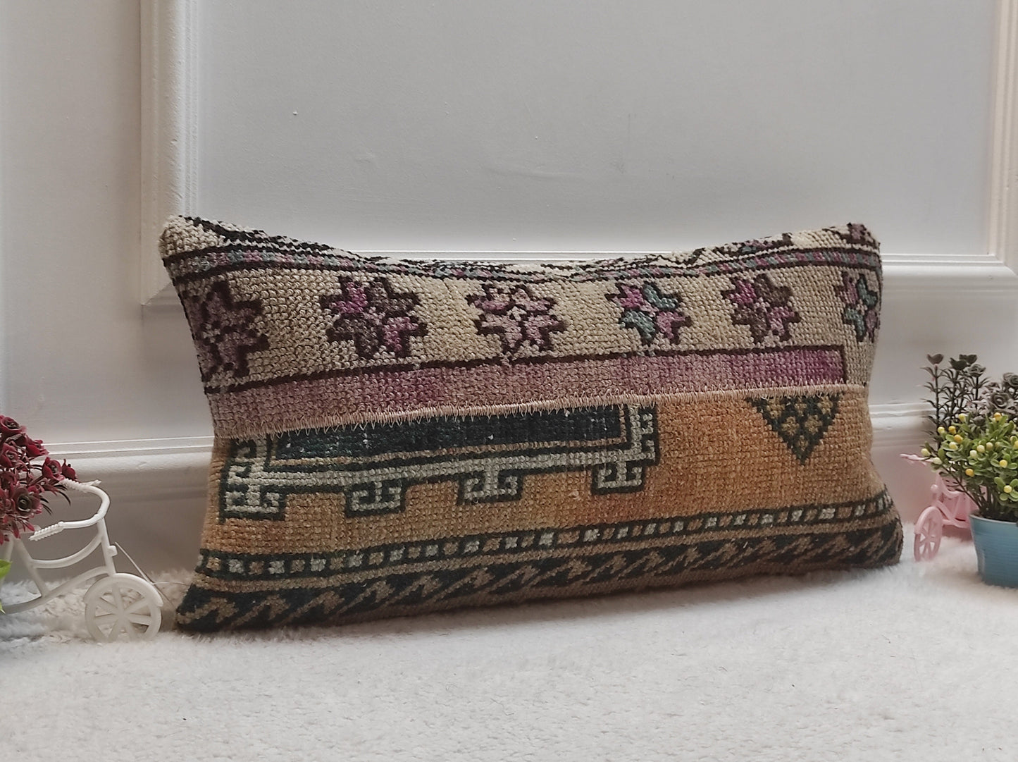 Vintage Turkish Rug Lumbar Pillow Cover: 12x24 inc Wool Cushion