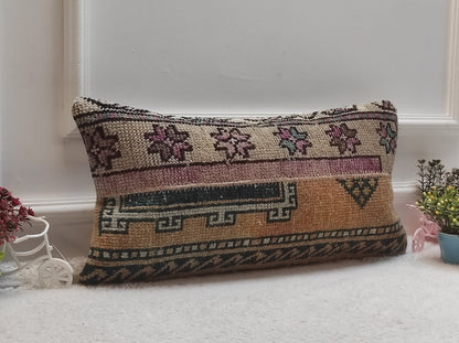 Vintage Turkish Rug Lumbar Pillow Cover: 12x24 inc Wool Cushion