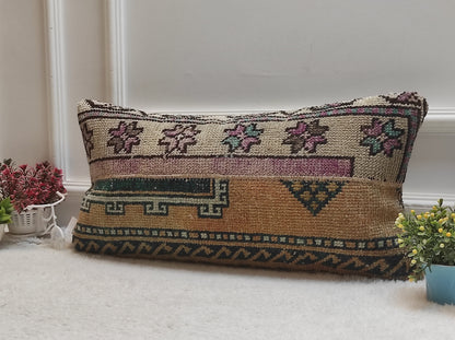 Vintage Turkish Rug Lumbar Pillow Cover: 12x24 inc Wool Cushion
