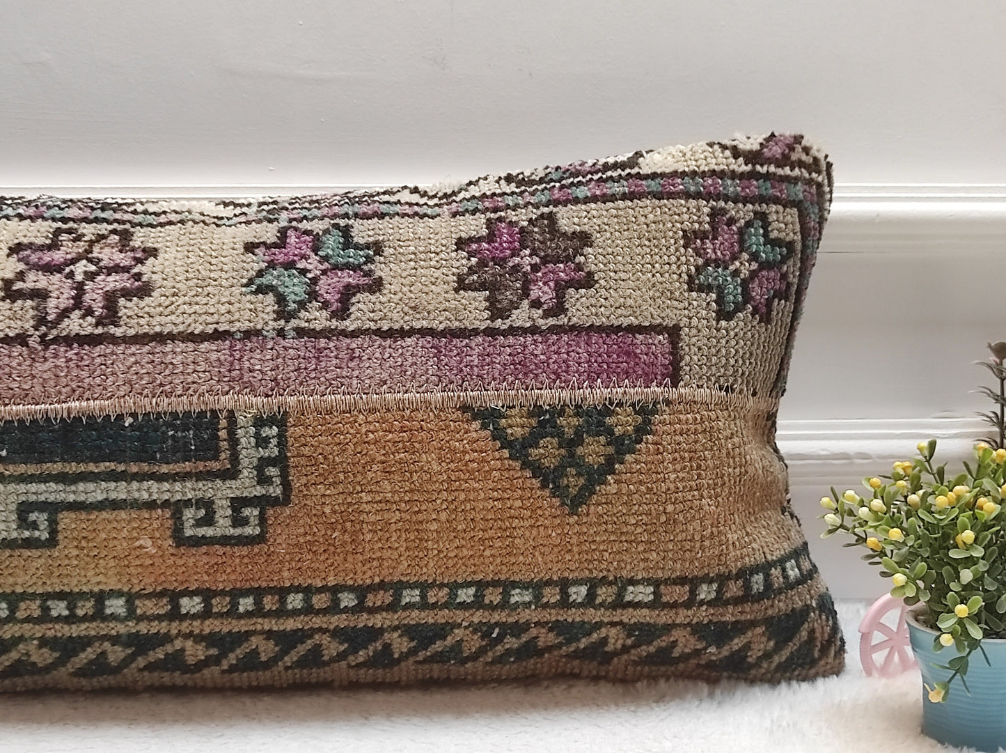 Vintage Turkish Rug Lumbar Pillow Cover: 12x24 inc Wool Cushion