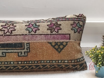 Vintage Turkish Rug Lumbar Pillow Cover: 12x24 inc Wool Cushion