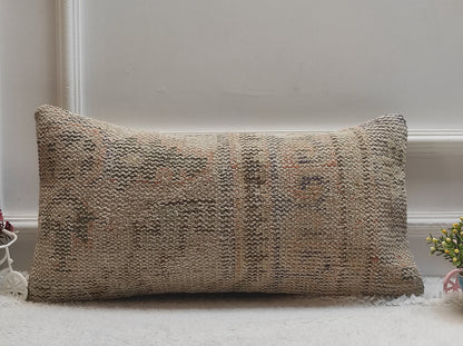 Handmade Beige Kilim Lumbar Pillow Cover: Turkish Boho Decor (12x24 inc)