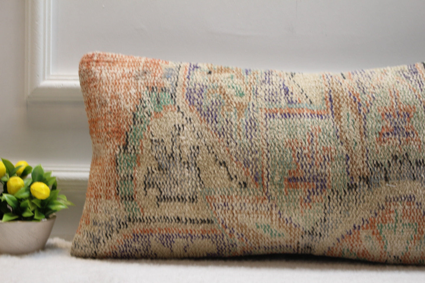 Vintage Turkish Kilim Pillow Cover: 12x24 Organic Wool Lumbar Pillow