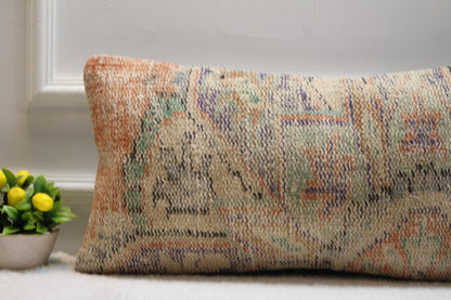 Vintage Turkish Kilim Pillow Cover: 12x24 Organic Wool Lumbar Pillow