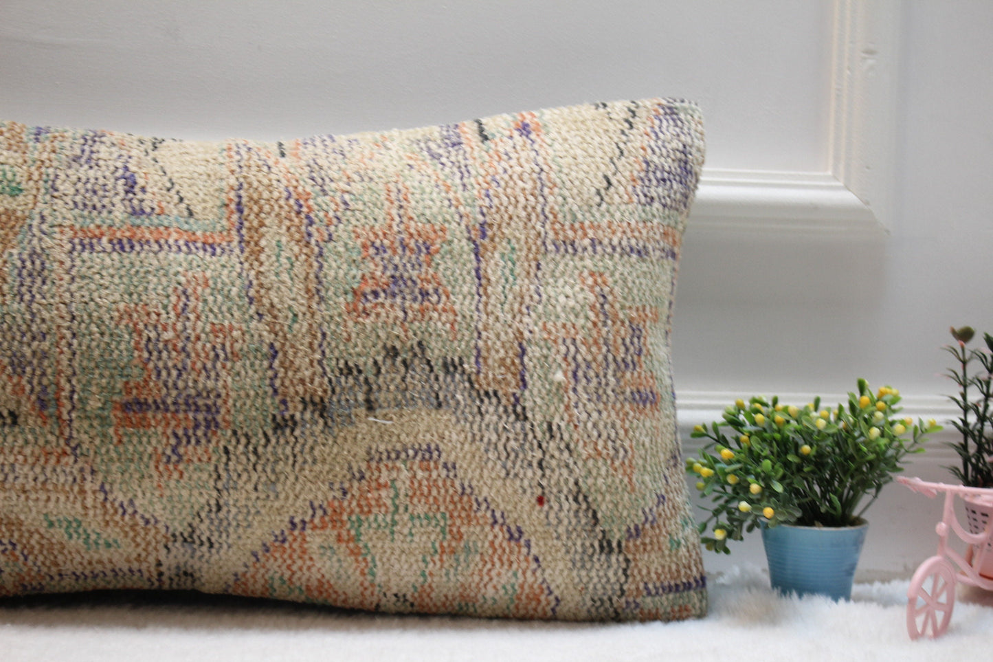 Vintage Turkish Kilim Pillow Cover: 12x24 Organic Wool Lumbar Pillow