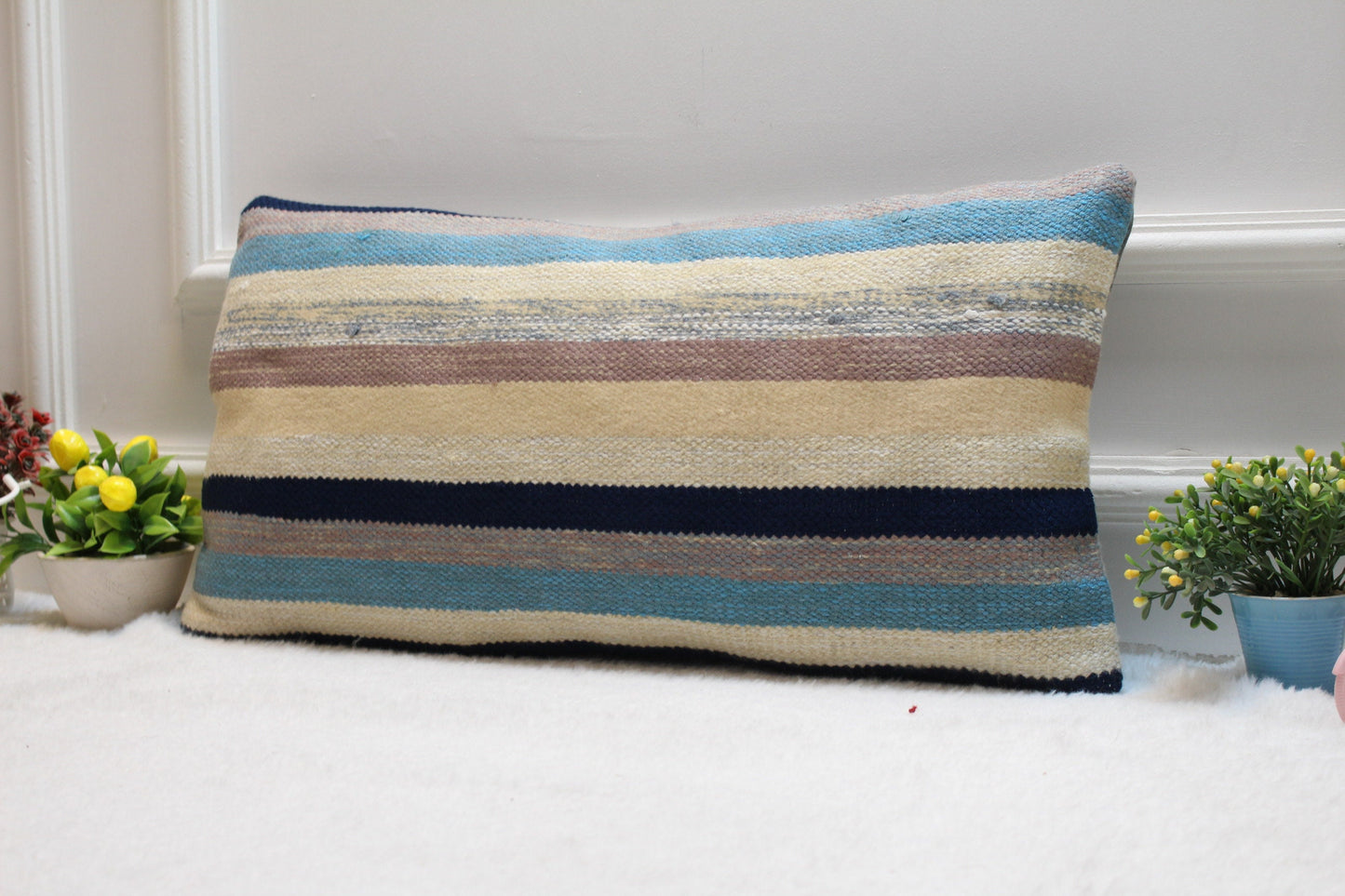 Handmade Turkish Lumbar Pillow Cover: Upcycled Kilim Rug, 12x24 inch