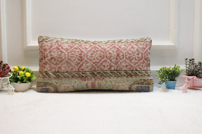 Handmade Kilim Lumbar Pillow: Red Beige Woven Rug, 12x24 inc