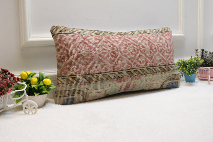 Handmade Kilim Lumbar Pillow: Red Beige Woven Rug, 12x24 inc