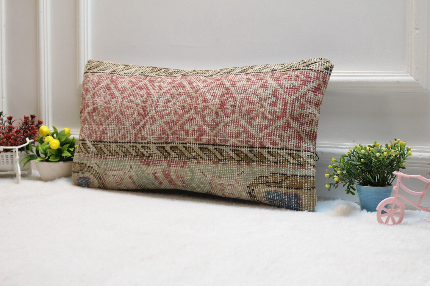Handmade Kilim Lumbar Pillow: Red Beige Woven Rug, 12x24 inc