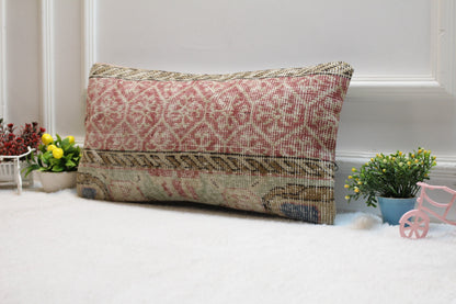 Handmade Kilim Lumbar Pillow: Red Beige Woven Rug, 12x24 inc