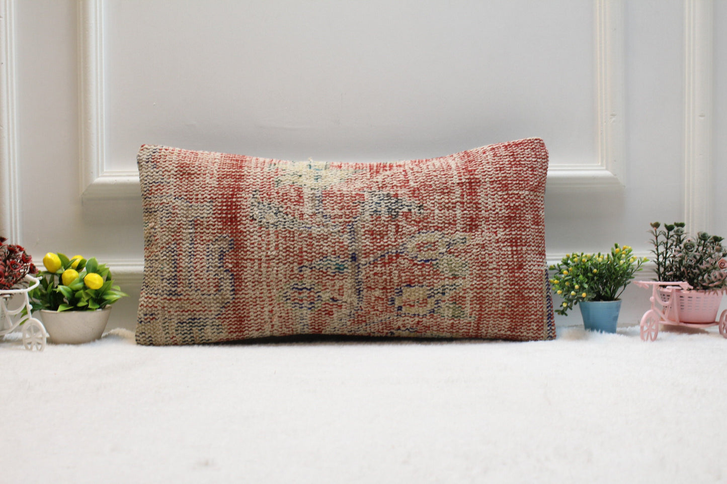 Handmade Kilim Pillow Cover: Red Beige Organic Wool, Boho Decor (12x24 inc)