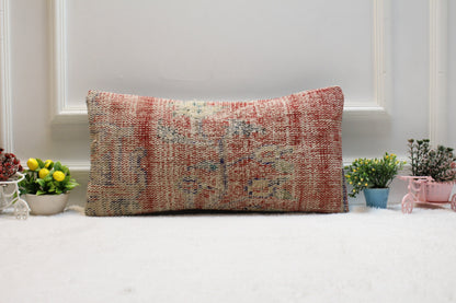 Handmade Kilim Pillow Cover: Red Beige Organic Wool, Boho Decor (12x24 inc)