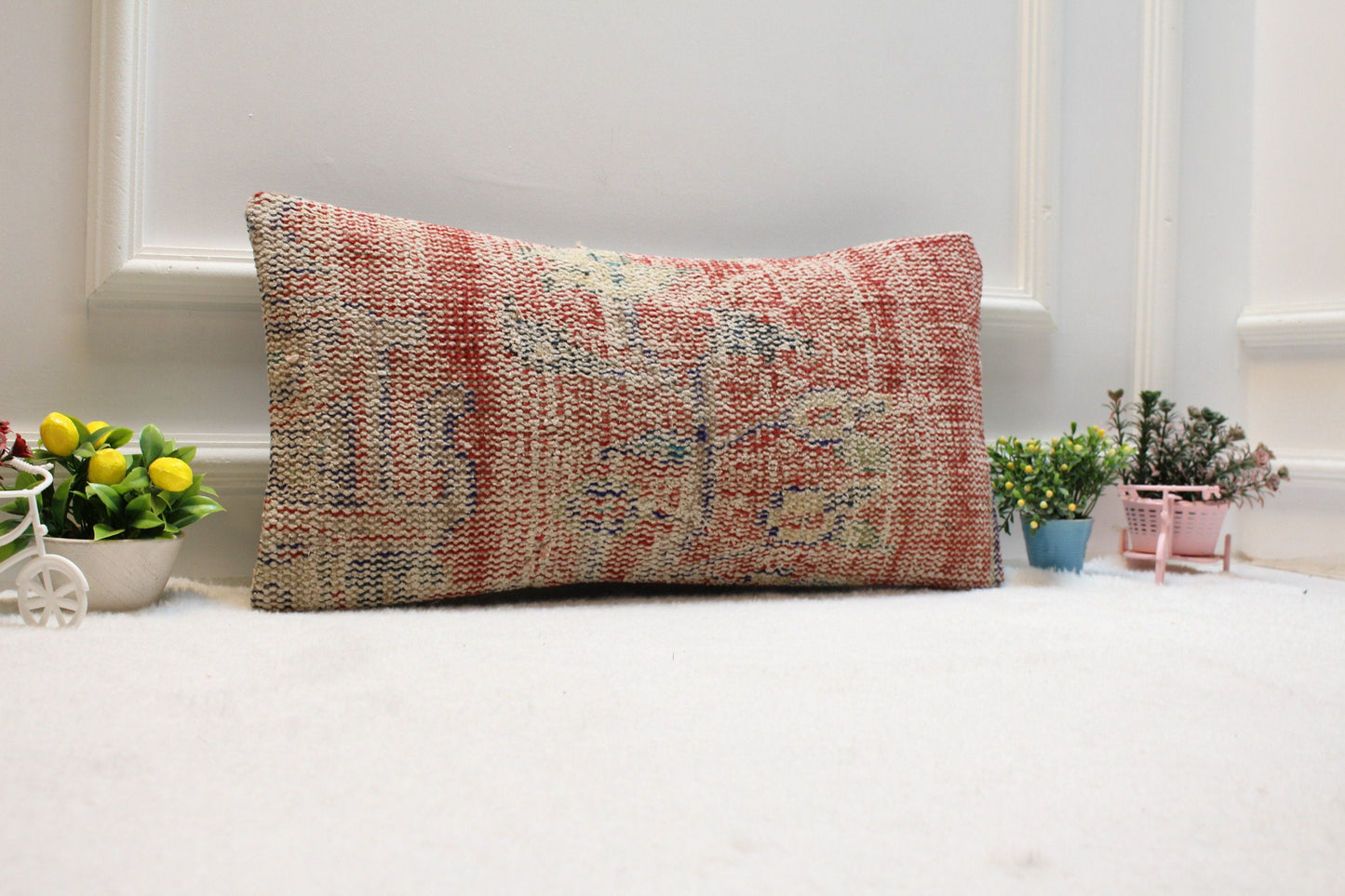 Handmade Kilim Pillow Cover: Red Beige Organic Wool, Boho Decor (12x24 inc)