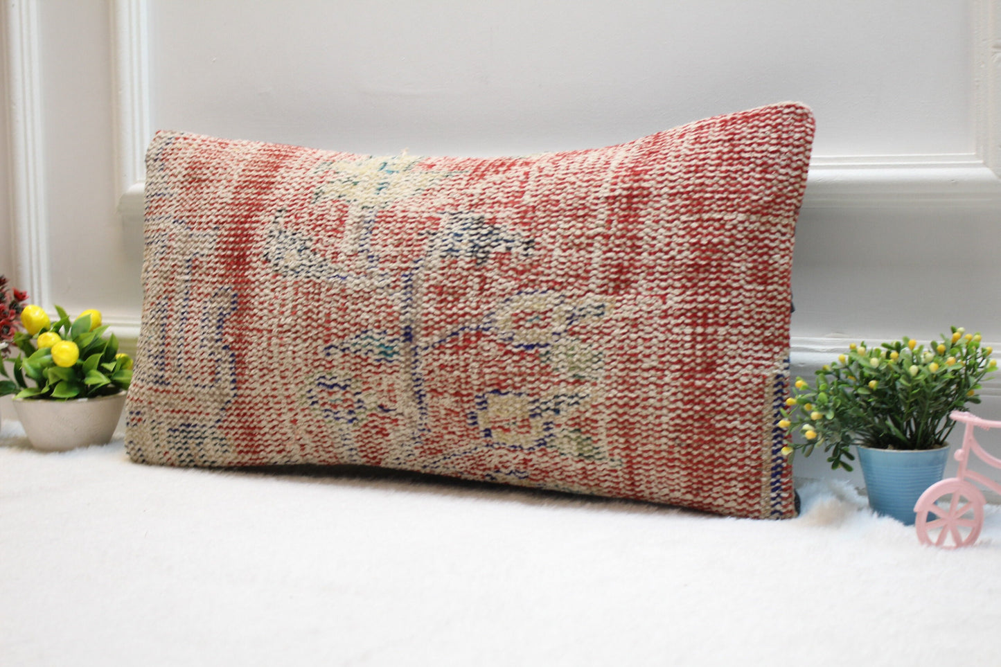 Handmade Kilim Pillow Cover: Red Beige Organic Wool, Boho Decor (12x24 inc)