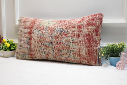 Handmade Kilim Pillow Cover: Red Beige Organic Wool, Boho Decor (12x24 inc)