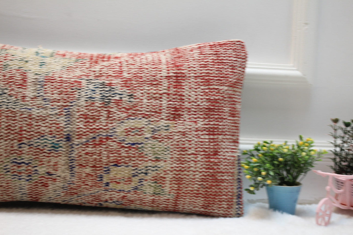 Handmade Kilim Pillow Cover: Red Beige Organic Wool, Boho Decor (12x24 inc)