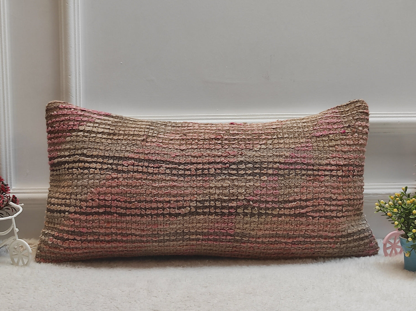 Handmade Kilim Lumbar Pillow Cover: Upcycled Woven Rug, Pink Beige, 12x24 inc