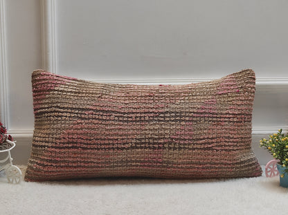 Handmade Kilim Lumbar Pillow Cover: Upcycled Woven Rug, Pink Beige, 12x24 inc