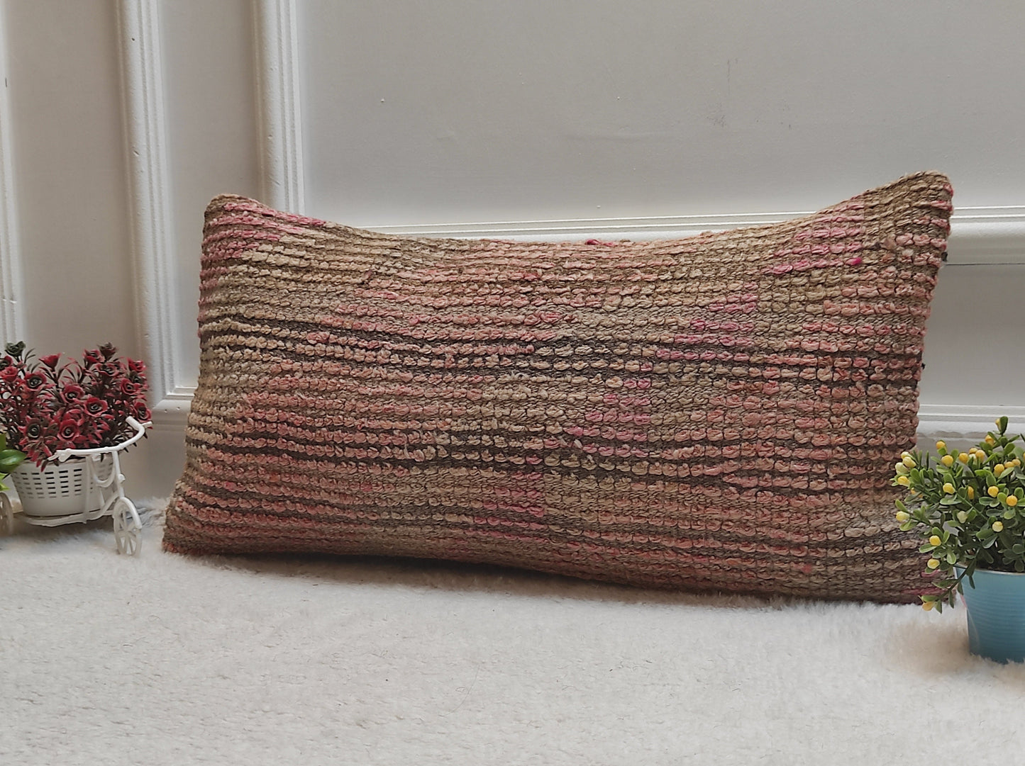 Handmade Kilim Lumbar Pillow Cover: Upcycled Woven Rug, Pink Beige, 12x24 inc