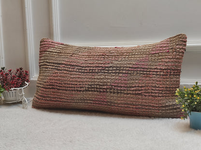 Handmade Kilim Lumbar Pillow Cover: Upcycled Woven Rug, Pink Beige, 12x24 inc