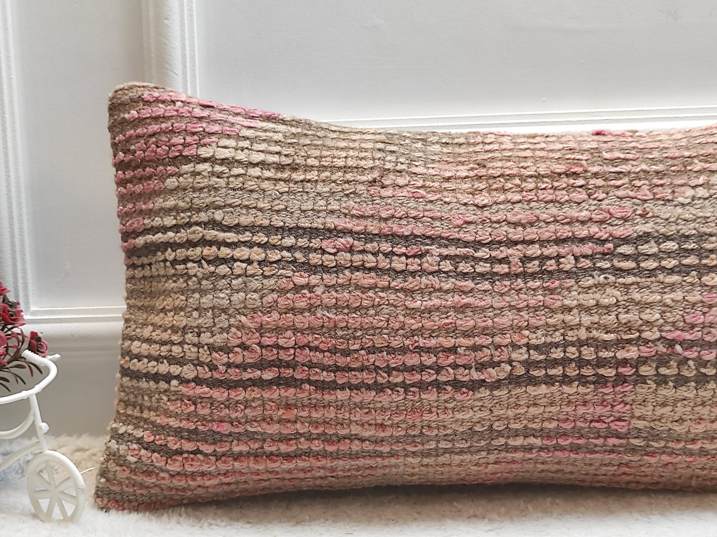 Handmade Kilim Lumbar Pillow Cover: Upcycled Woven Rug, Pink Beige, 12x24 inc