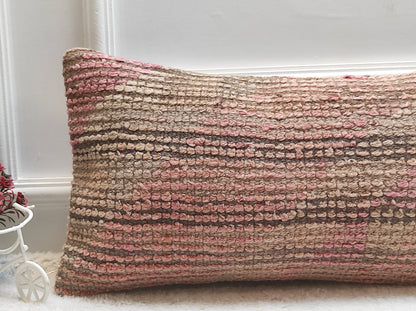 Handmade Kilim Lumbar Pillow Cover: Upcycled Woven Rug, Pink Beige, 12x24 inc
