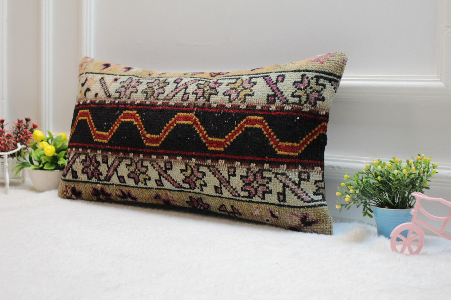 Handmade Turkish Kilim Lumbar Pillow Cover 12x24: Boho Decor