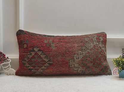 Handmade Red Kilim Lumbar Pillow Cover: Upcycled Woven Rug (12x24 in)