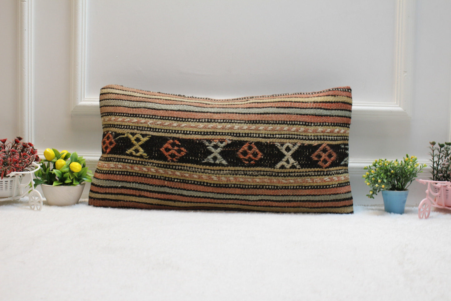 Striped Kilim Pillow Cover: Handwoven Turkish Wool, 12x24 inc