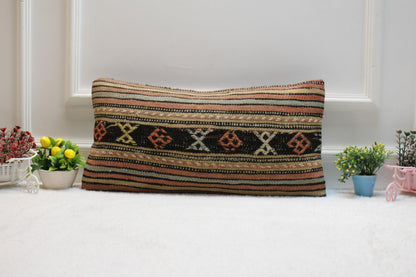 Striped Kilim Pillow Cover: Handwoven Turkish Wool, 12x24 inc