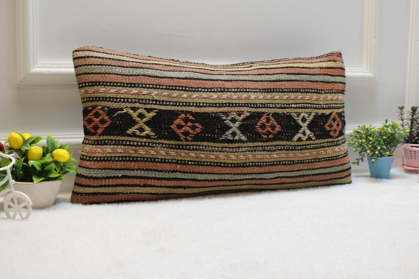 Striped Kilim Pillow Cover: Handwoven Turkish Wool, 12x24 inc