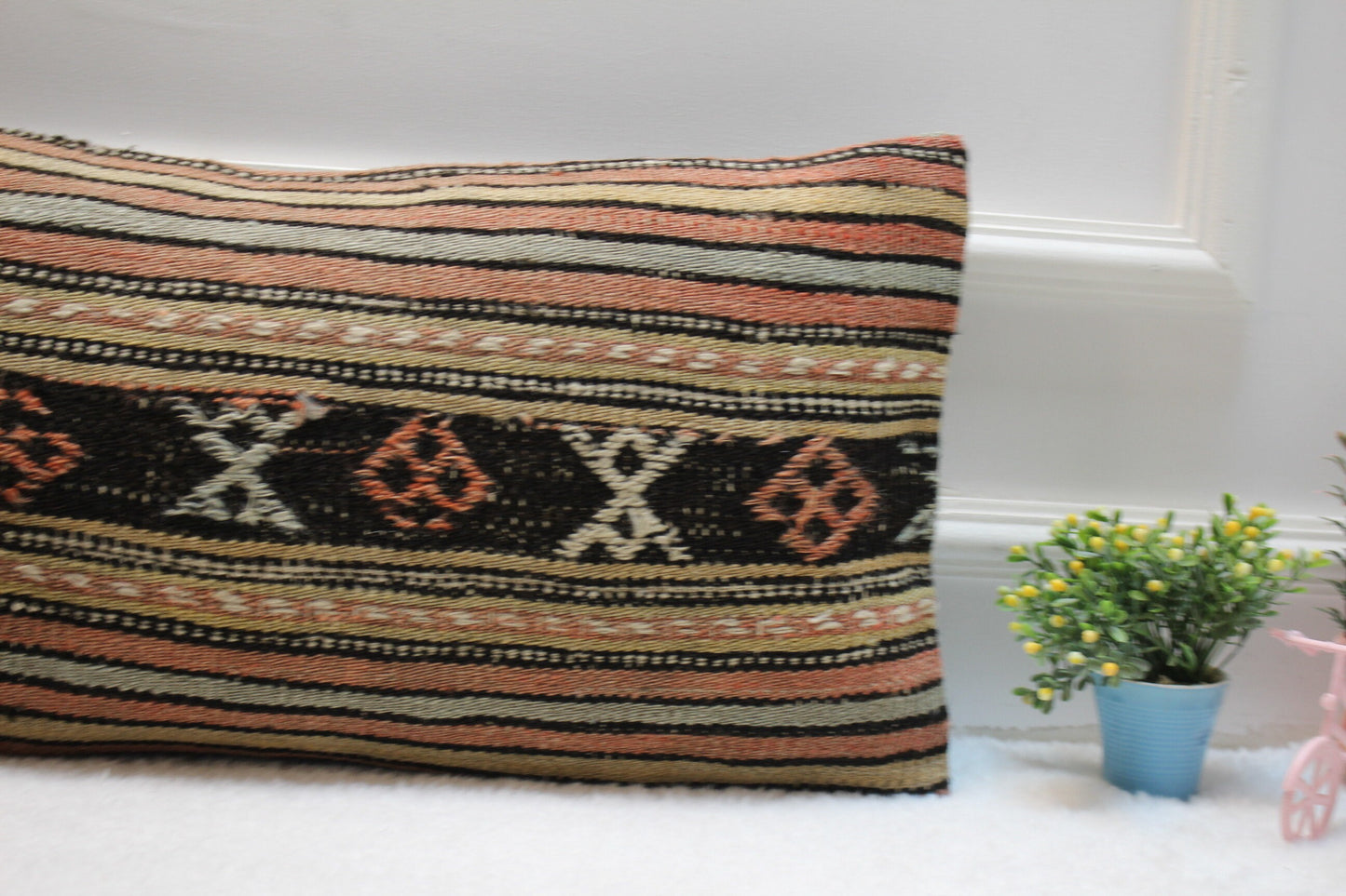 Striped Kilim Pillow Cover: Handwoven Turkish Wool, 12x24 inc