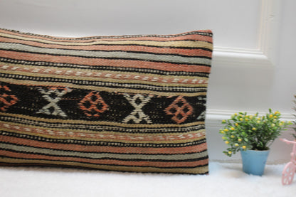 Striped Kilim Pillow Cover: Handwoven Turkish Wool, 12x24 inc