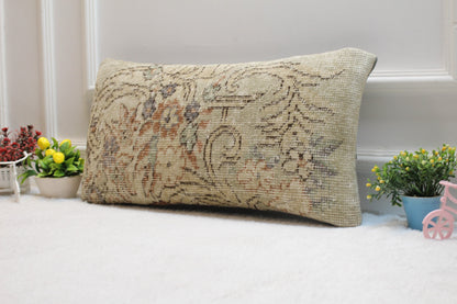Handmade Beige Kilim Pillow Cover: Vintage Turkish Lumbar Pillow, 12x24 inc