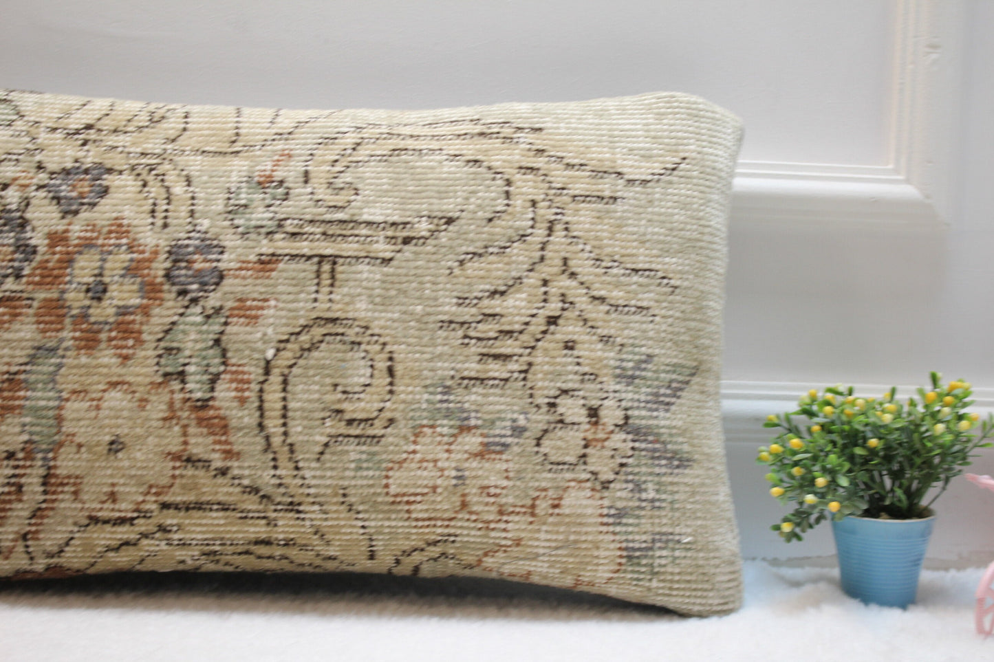Handmade Beige Kilim Pillow Cover: Vintage Turkish Lumbar Pillow, 12x24 inc
