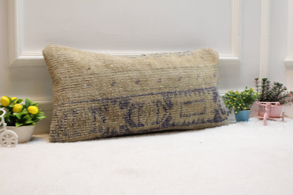 Handmade Beige Kilim Lumbar Pillow Cover: Upcycled Woven Rug, 12x24 inc