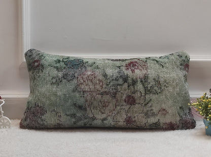 Handmade Kilim Lumbar Pillow Cover: Upcycled Wool, Floral Design (12x24 in)