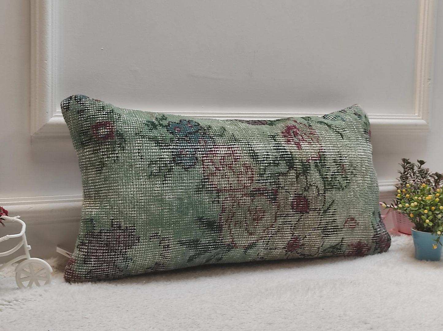 Handmade Kilim Lumbar Pillow Cover: Upcycled Wool, Floral Design (12x24 in)
