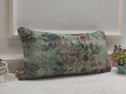 Handmade Kilim Lumbar Pillow Cover: Upcycled Wool, Floral Design (12x24 in)
