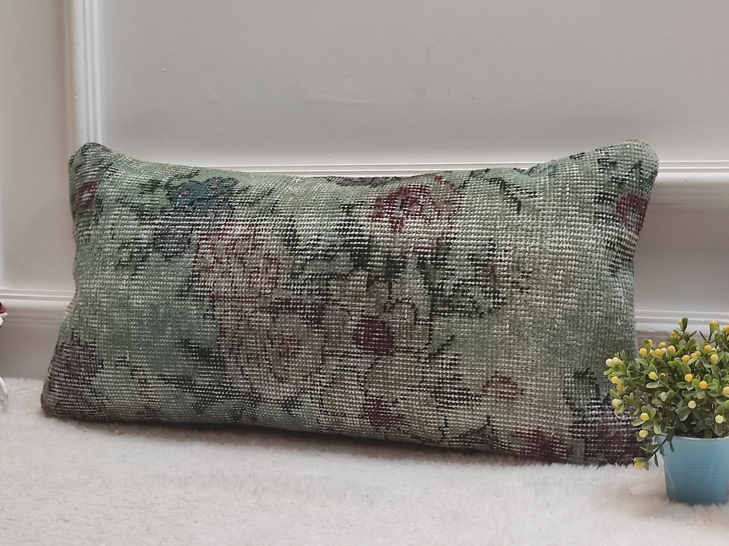 Handmade Kilim Lumbar Pillow Cover: Upcycled Wool, Floral Design (12x24 in)