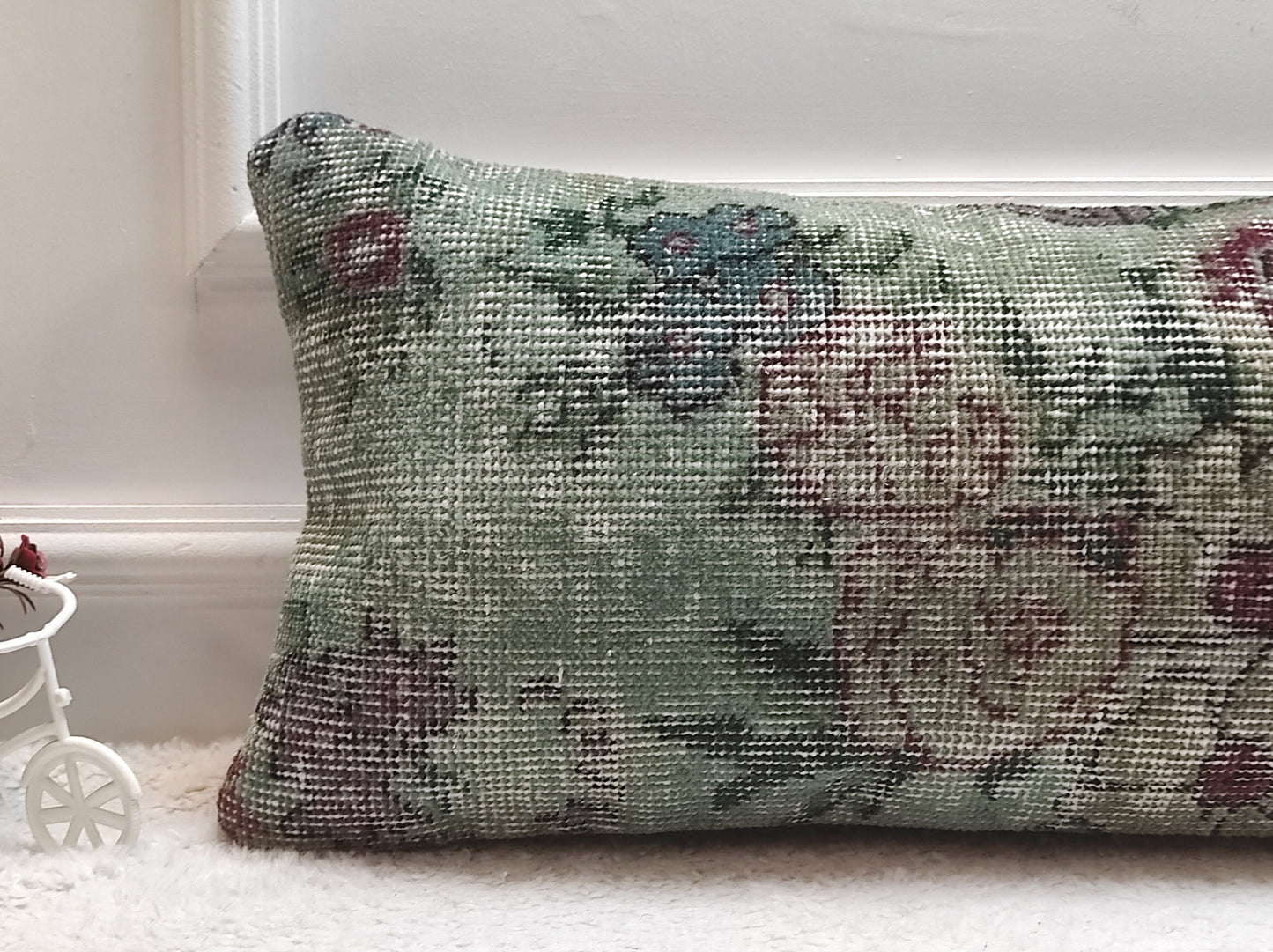 Handmade Kilim Lumbar Pillow Cover: Upcycled Wool, Floral Design (12x24 in)