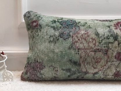 Handmade Kilim Lumbar Pillow Cover: Upcycled Wool, Floral Design (12x24 in)