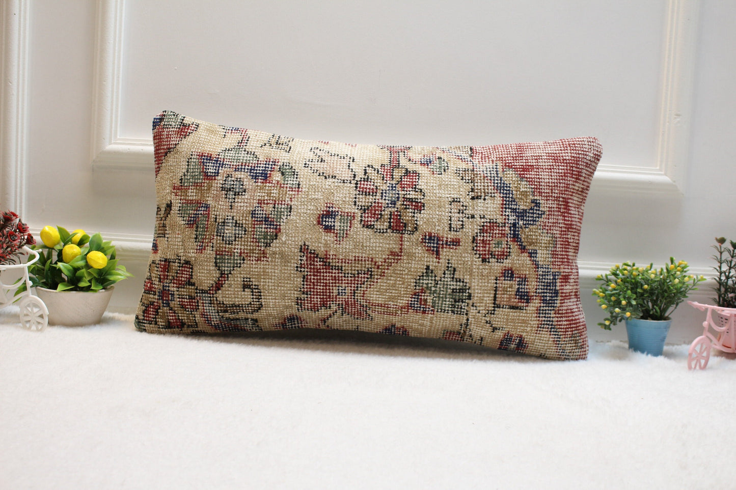 Handmade Beige Kilim Pillow Cover: Upcycled Turkish Rug, 12x24 inch
