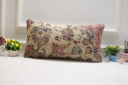 Handmade Beige Kilim Pillow Cover: Upcycled Turkish Rug, 12x24 inch