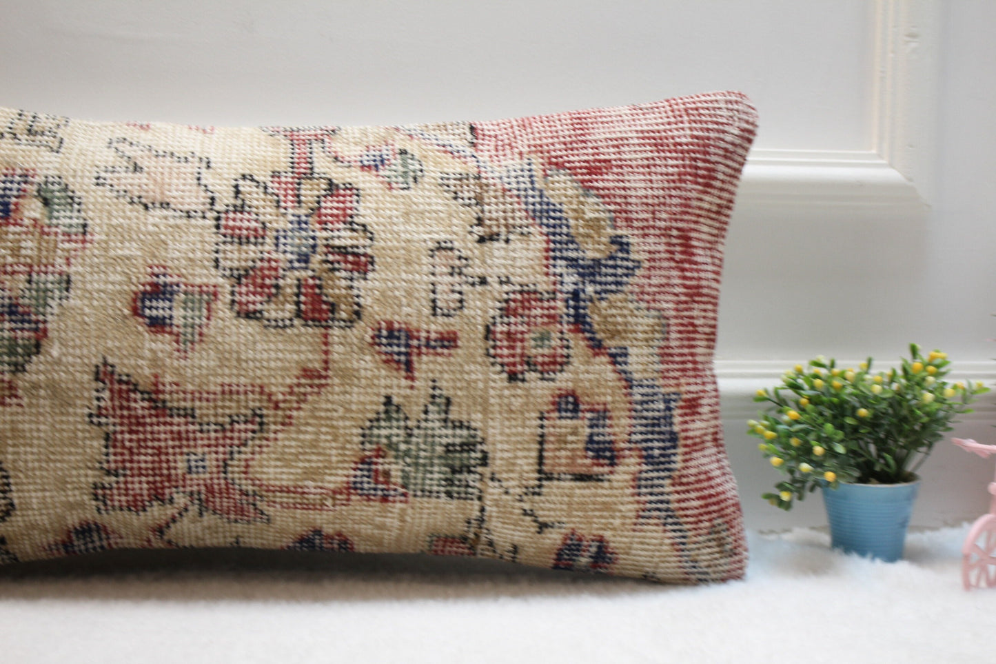 Handmade Beige Kilim Pillow Cover: Upcycled Turkish Rug, 12x24 inch