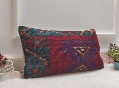 Handmade Kilim Lumbar Pillow Cover: Red & Blue Boho Throw Pillow (12x24 in)