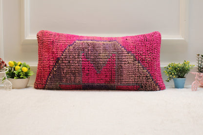 Handmade Pink Kilim Lumbar Pillow Cover: Upcycled Woven Wool (12x24 in)